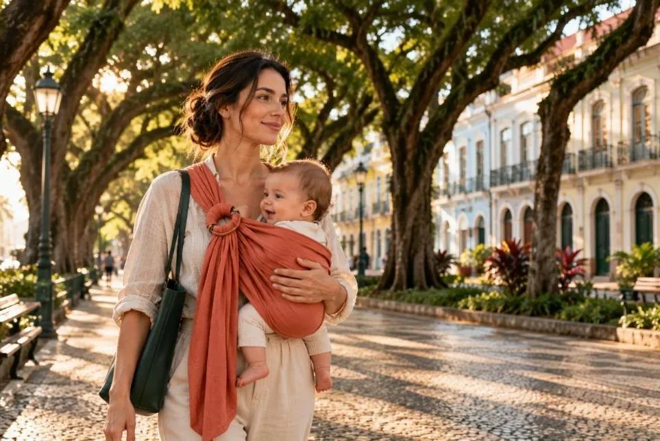 Mãe com o bebê no sling caminhando sob as mangueiras de uma avenida de Belém