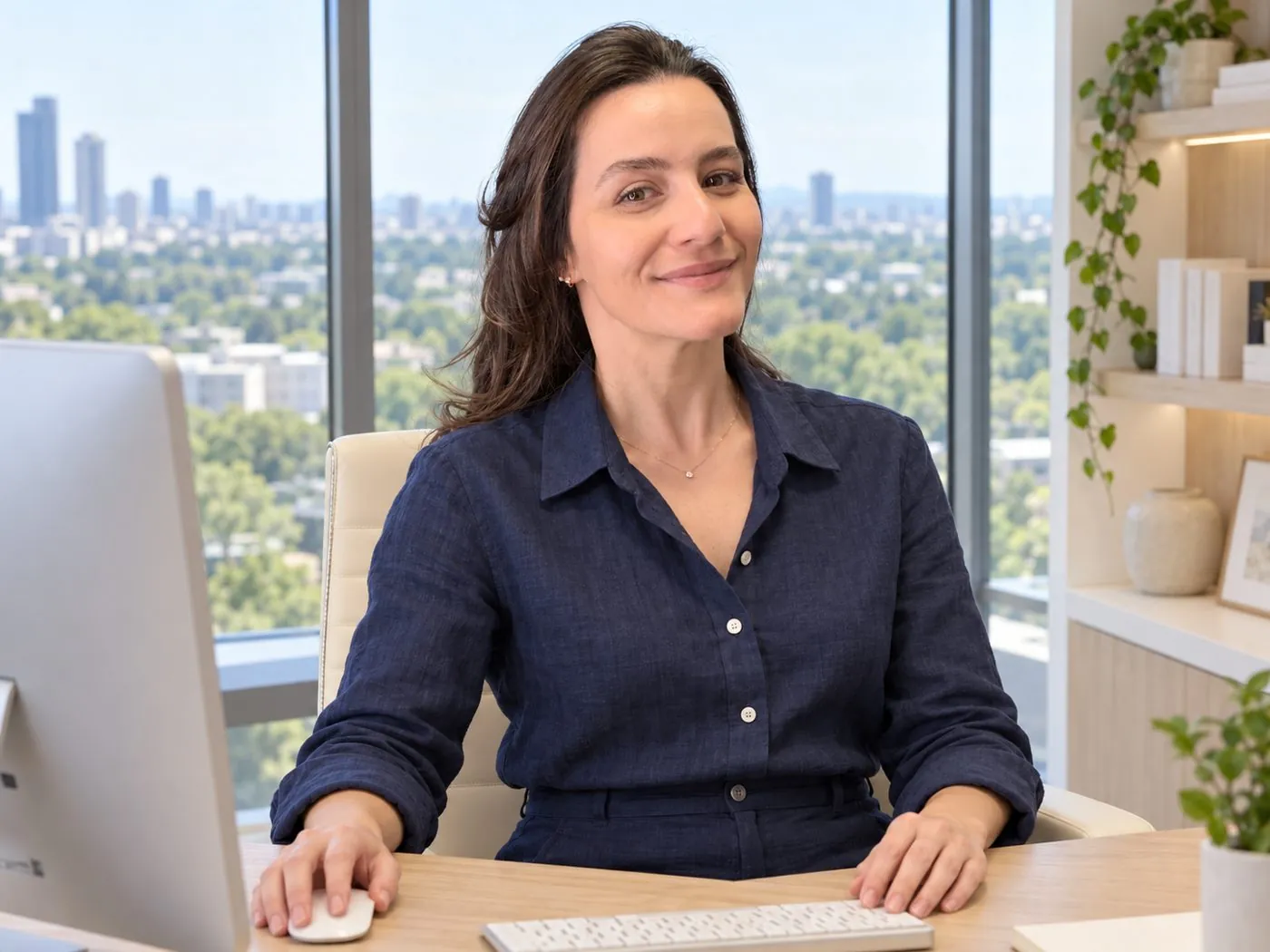 Fernanda Tavares, de camisa azul-marinho, sorrindo à mesa de trabalho