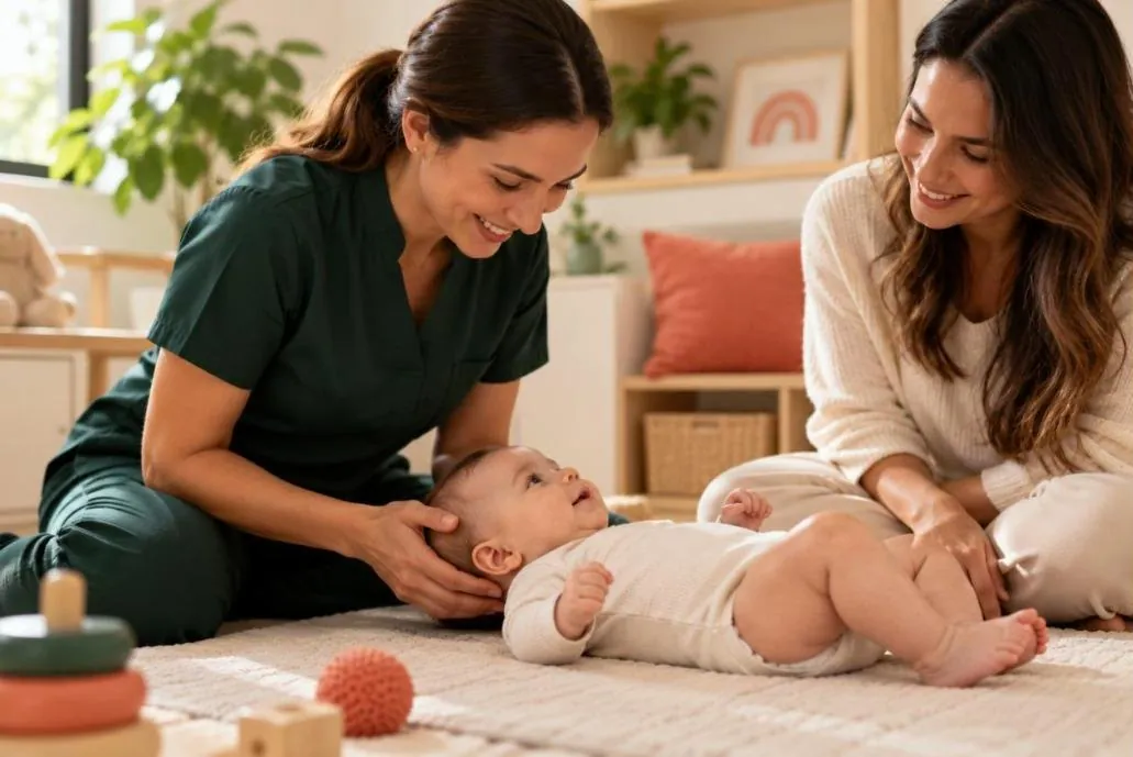 Fisioterapeuta pediátrica apoiando a cabeça de um bebê deitado no tapete, com a mãe sorrindo ao lado