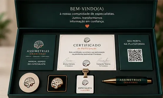Caixa do kit do Especialista Parceiro com certificado de participação, manual, QR Code e pin